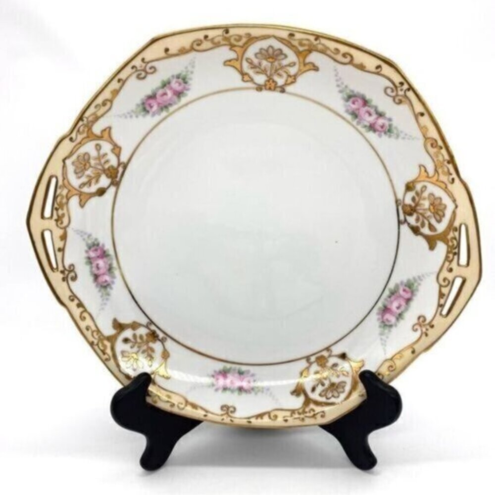 Antique Spoke Hand Painted Moriage Nippon Handled Cake Plate Gold Gilt